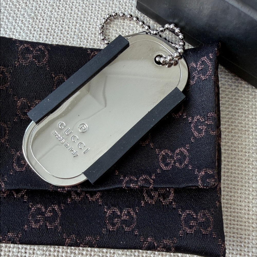 Gucci Silver Dog Tag Keychain with Black Accents